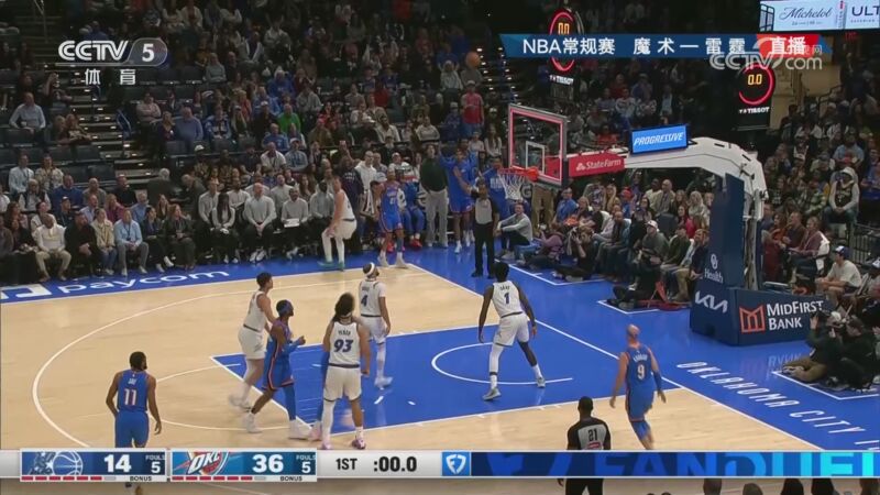 [CCTV全场集锦]🏀雷霆大胜魔术 亚历山大三节22+9 哈滕三双 班凯罗17中6